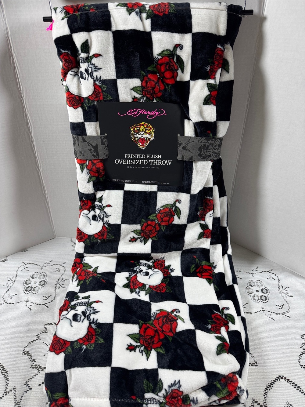 Ed Hardy Plush Oversized Throw Blanket Black & White Checkers Skull & Red Roses